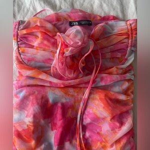 Zara Pink and Orange Watercolor Strapless Dress with Tie Detail